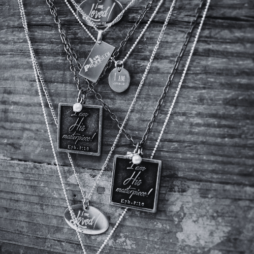 His Masterpiece inspirational necklace collection featuring Scripture Eph.2:10 pendants in mixed metals