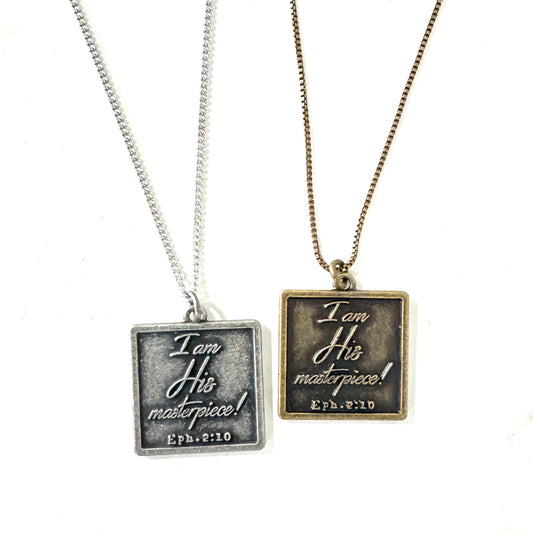 His Masterpiece layered necklace collection featuring Ephesians 2:10 scripture pendants and I am loved charms